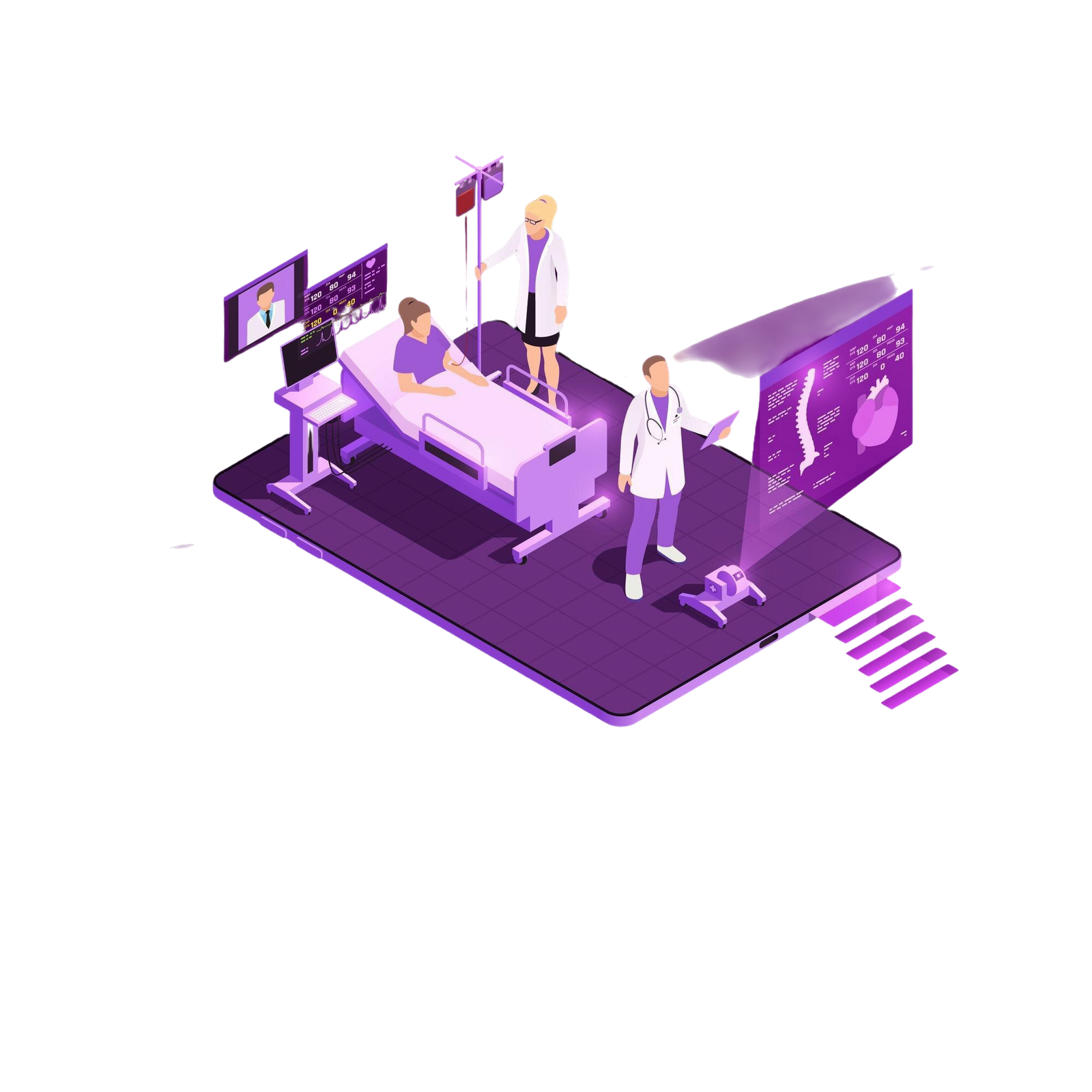 telemedicine-digital-health-glow-isometric-banner-composition-with-futuristic-images-hospital-ward-holographic-screens-illustration